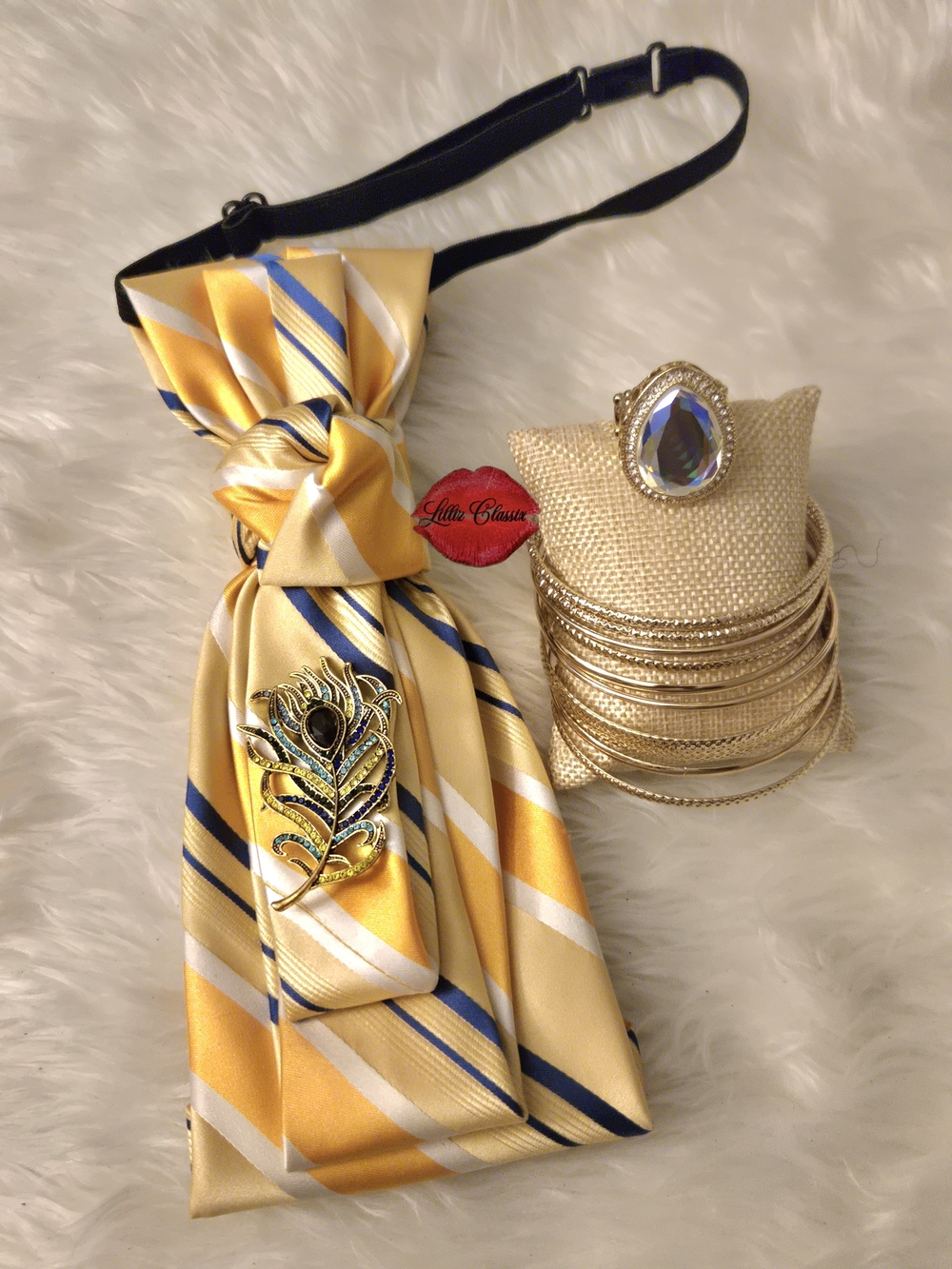 Michael Kors Yellow & Blue Striped Satin Necktie Necklace with Peacock Brooch